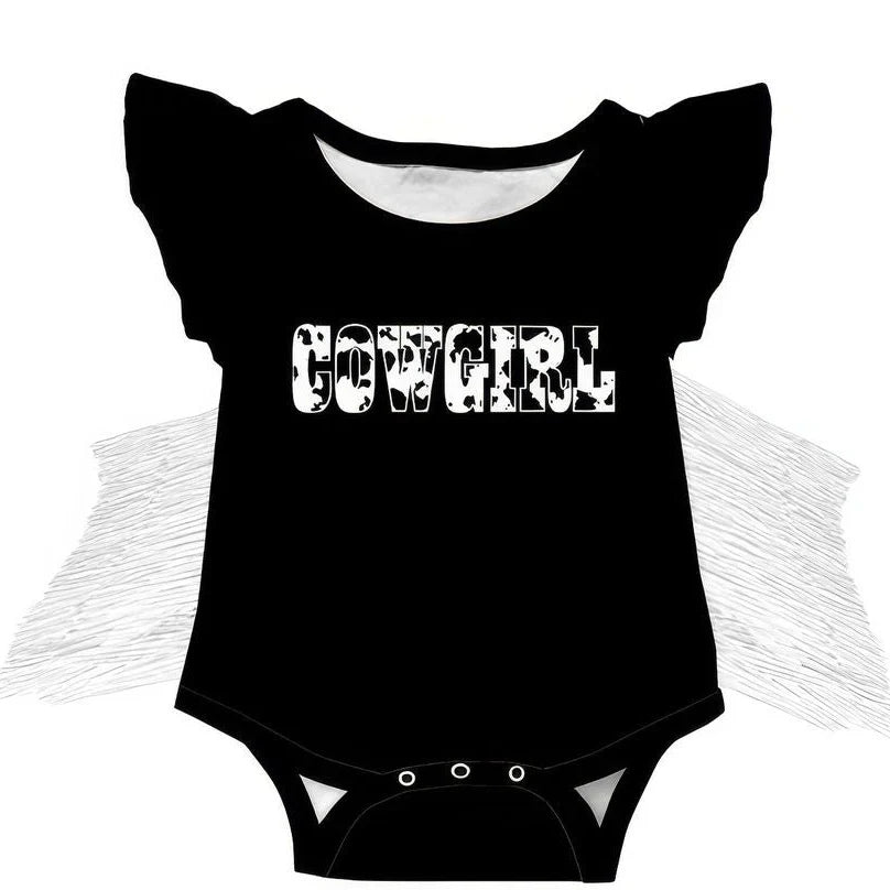 Shea Baby Black Cowprint with Fringe Onesie