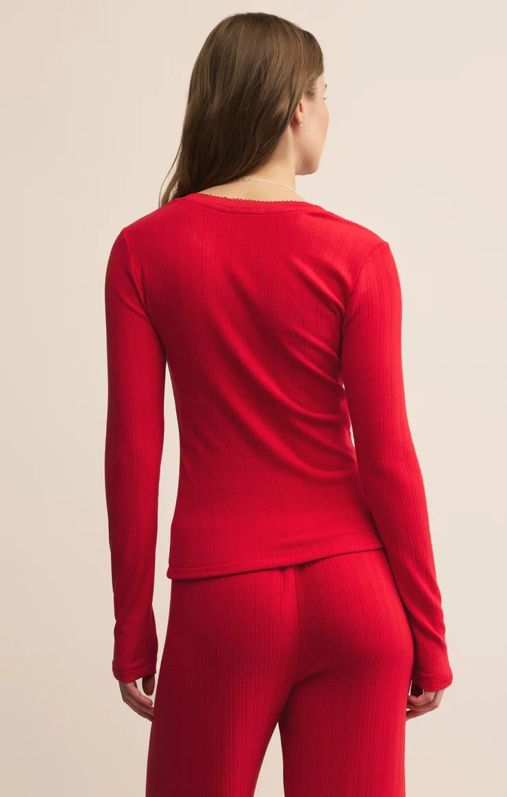 Z Supply Holly Pointelle Long Sleeve Top in Red