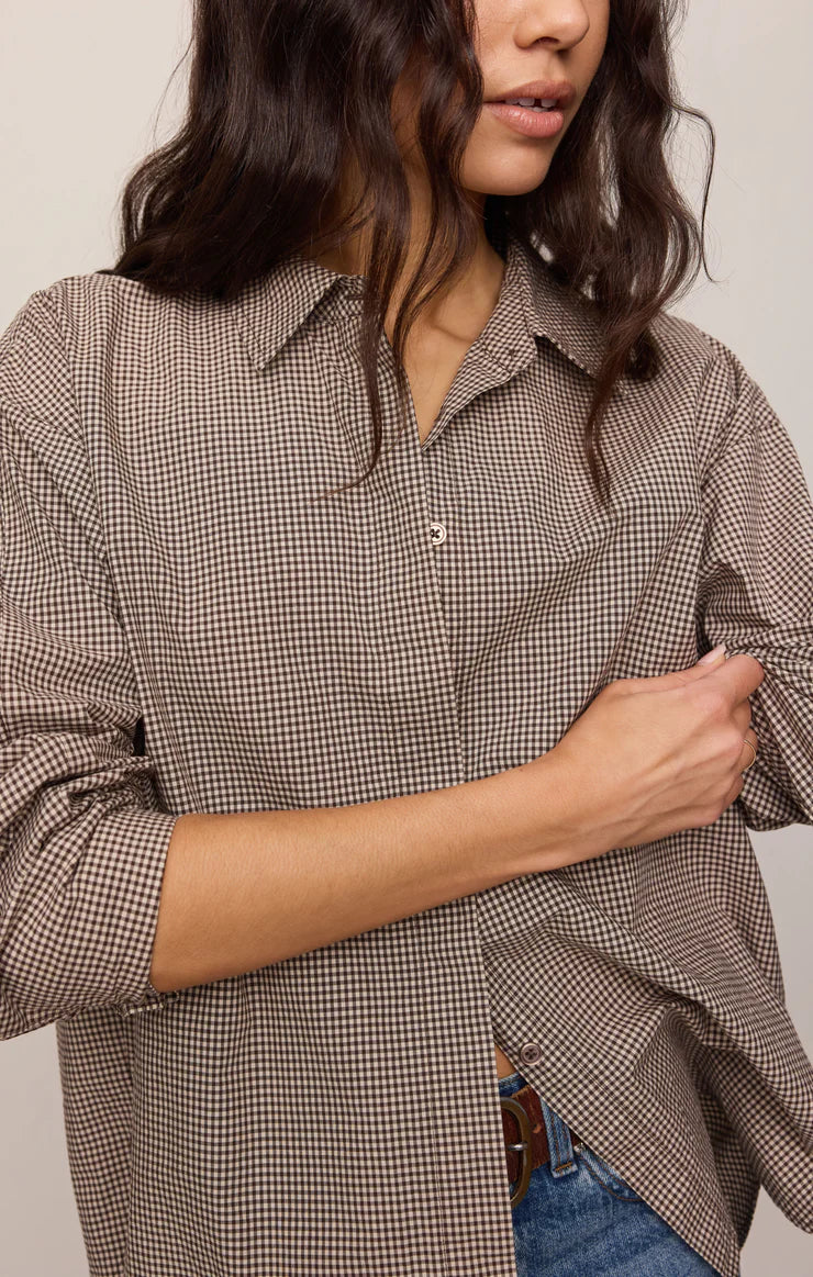 Z Supply On Duty Gingham Button Up Shirt in Dark Chocolate