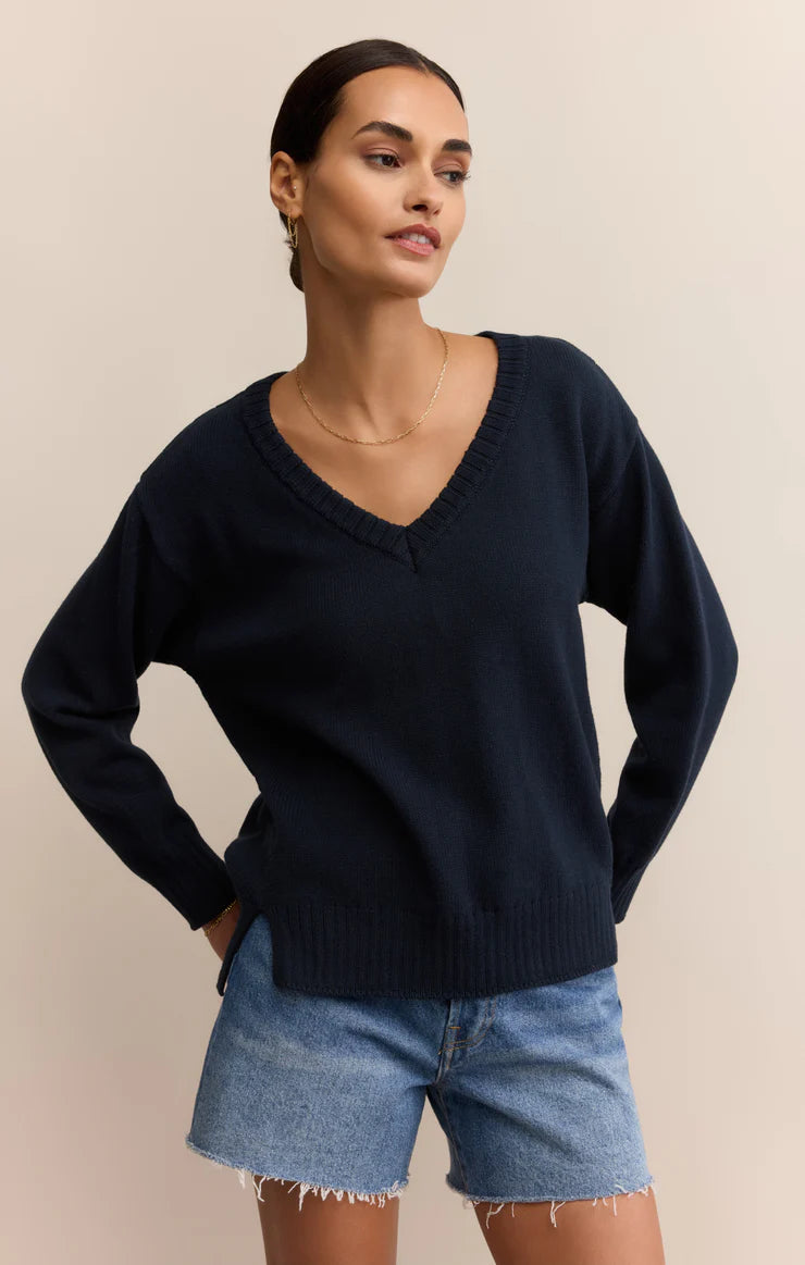 Z Supply All Around Cotton V-Neck Sweater in Eclipse