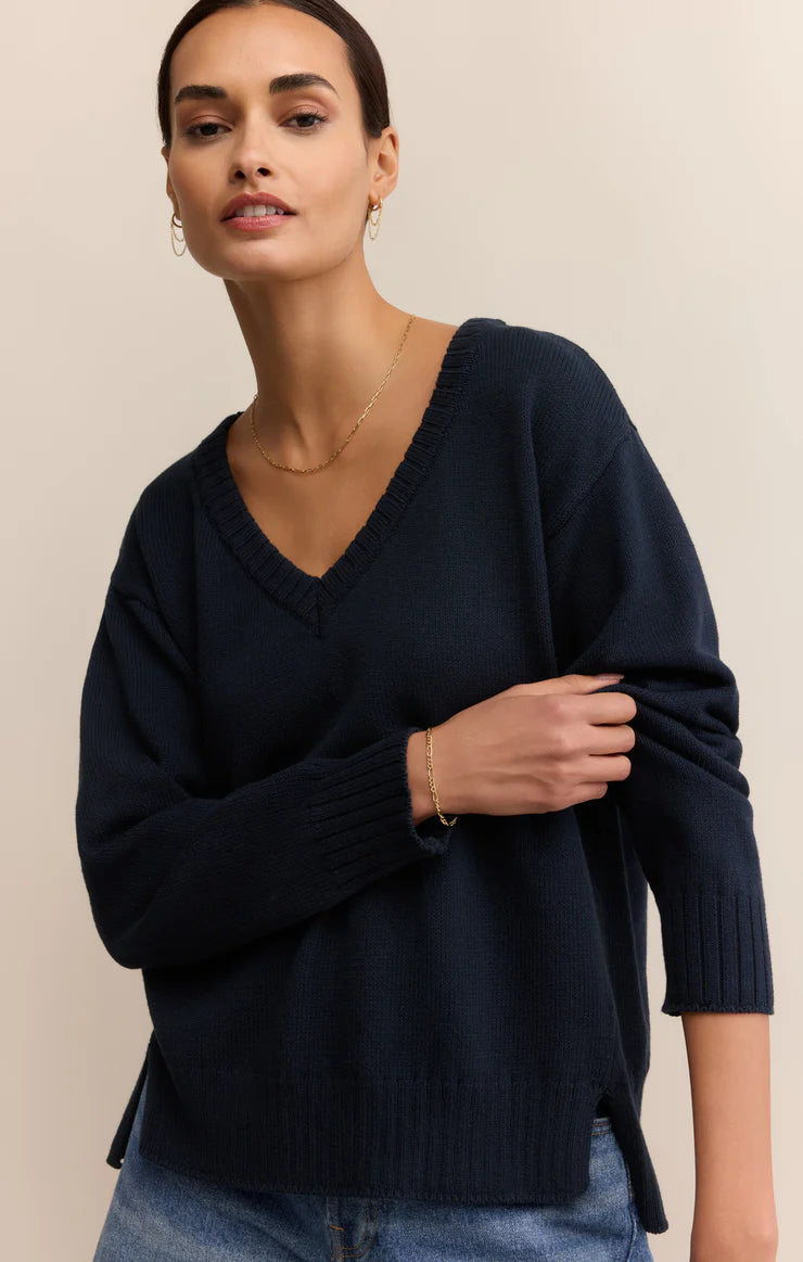 Z Supply All Around Cotton V-Neck Sweater in Eclipse