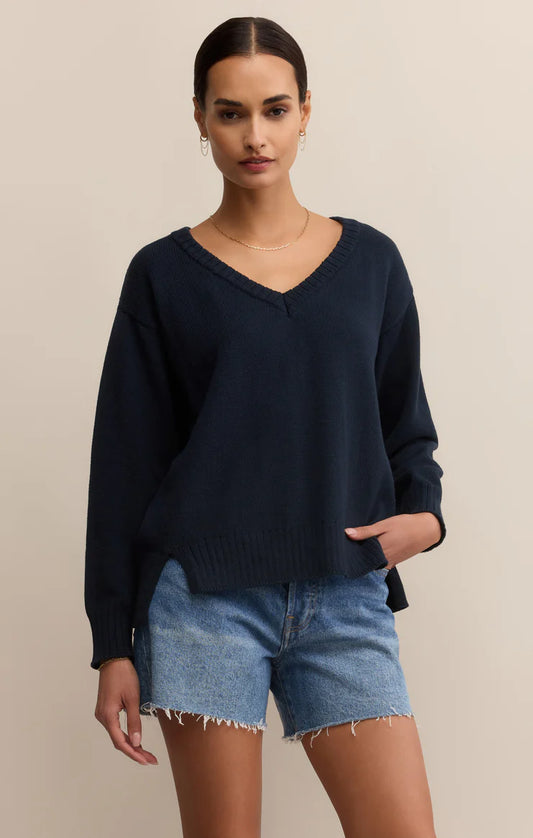 Z Supply All Around Cotton V-Neck Sweater in Eclipse