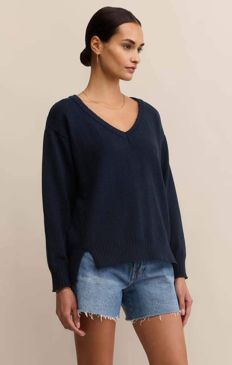 Z Supply All Around Cotton V-Neck Sweater in Eclipse