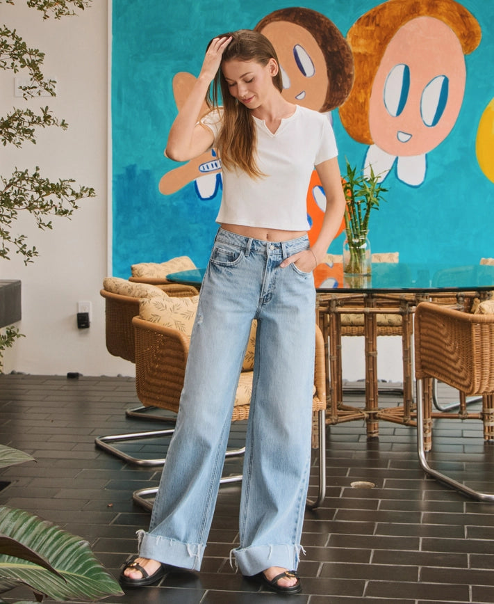 Flying Monkey High Rise Cuffed Baggy Jean in Jubilant
