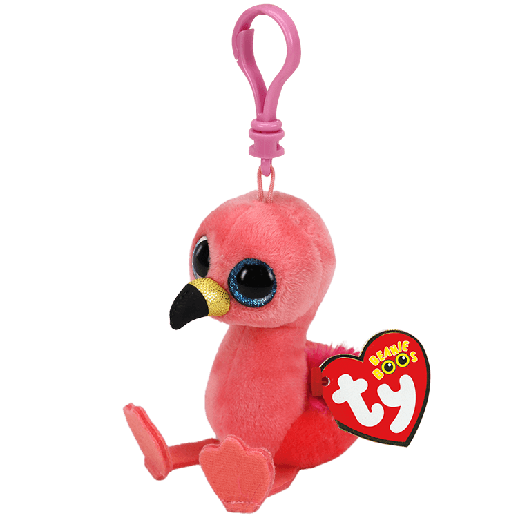 Side view of pink flamingo plush on clip with a Ty Brand tag on a transparent background.