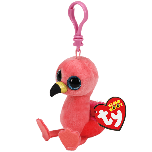 Side view of pink flamingo plush on clip with a Ty Brand tag on a transparent background.