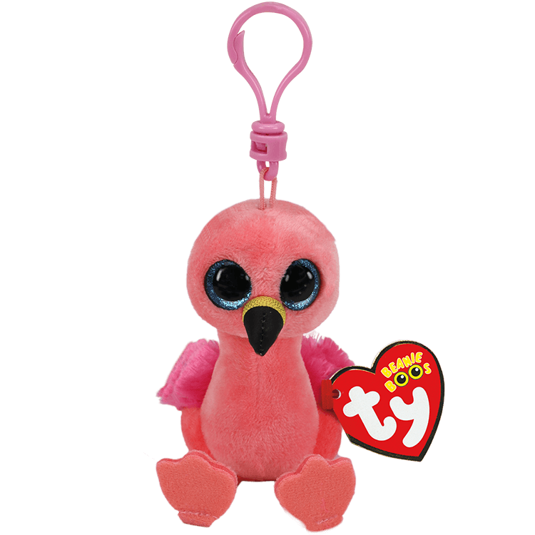 Pink flamingo plush on clip with a Ty Brand tag on a transparent background.