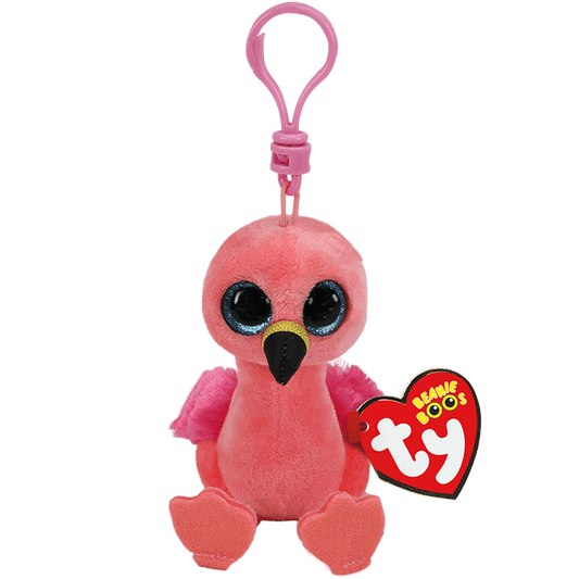Pink flamingo plush on clip with a Ty Brand tag on a transparent background.
