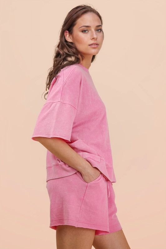 Mineral Washed Casual Knit Top & Shorts Set in Pink
