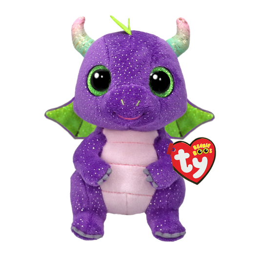 Purple dragon plush toy with green accents and a Ty Beanie Boos tag