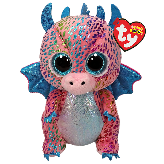 Pink dragon plush toy with blue accents and multicolored spots, and a Ty Beanie Boos tag.