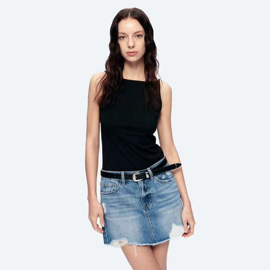 Bayeas A-Line Denim Mini Skirt with Frayed Hem