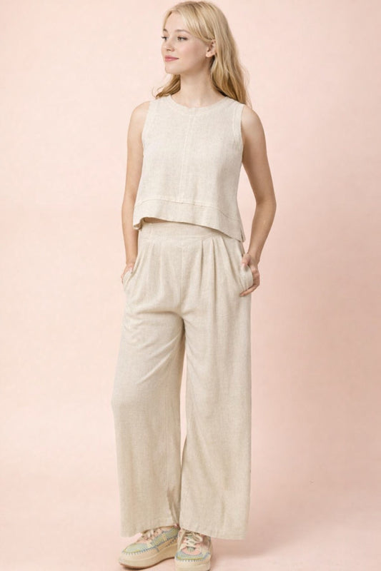 Woven Linen Sleeveless Top & Pants Set in Oatmeal
