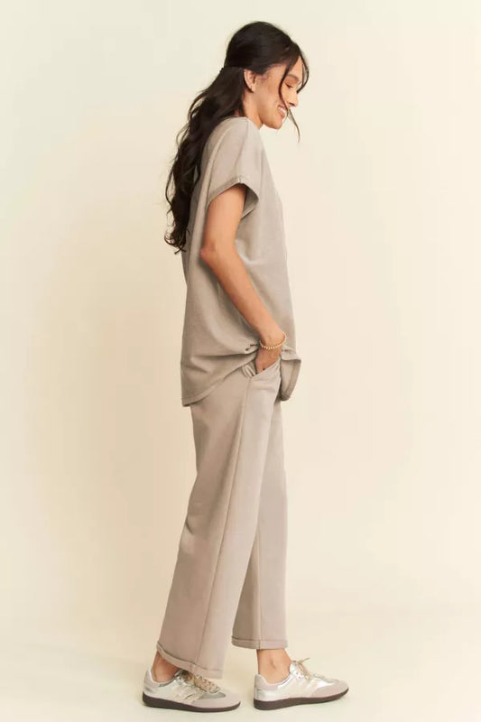 Davi & Dani Dark Beige Terry Mixed Top and Pants Set