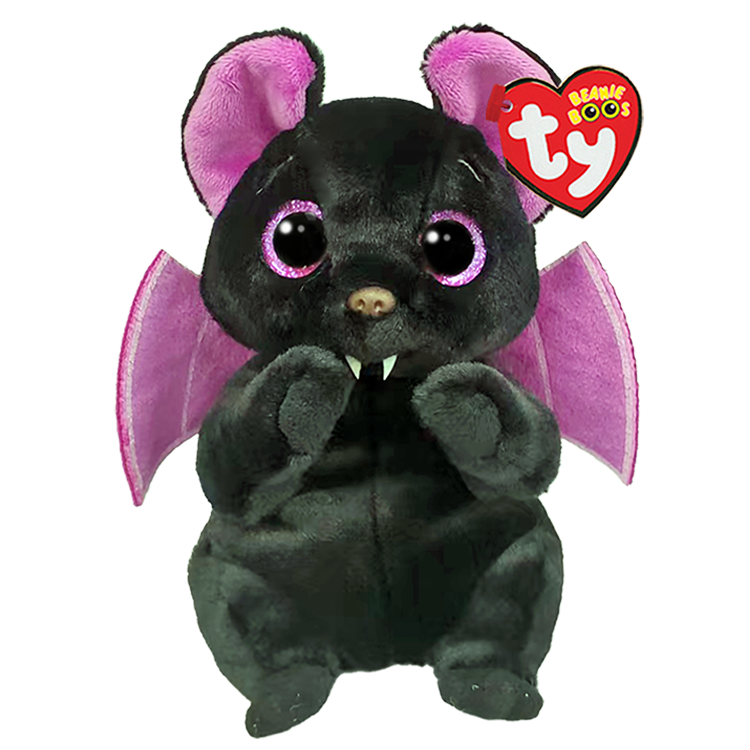 Black bat plush toy with purple wings and a Ty Beanie Boos tag on a white background