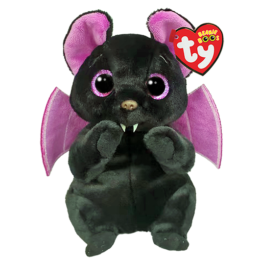 Black bat plush toy with purple wings and a Ty Beanie Boos tag on a white background