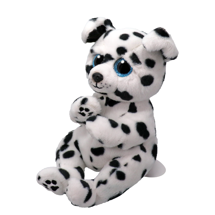 Side view of a plush dalmatian toy with black spots and blue eyes, featuring a Ty Beanie Bellies tag on a white background