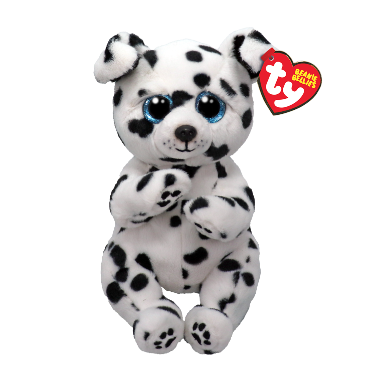 Plush dalmatian toy with black spots and blue eyes, featuring a Ty Beanie Bellies tag on a white background