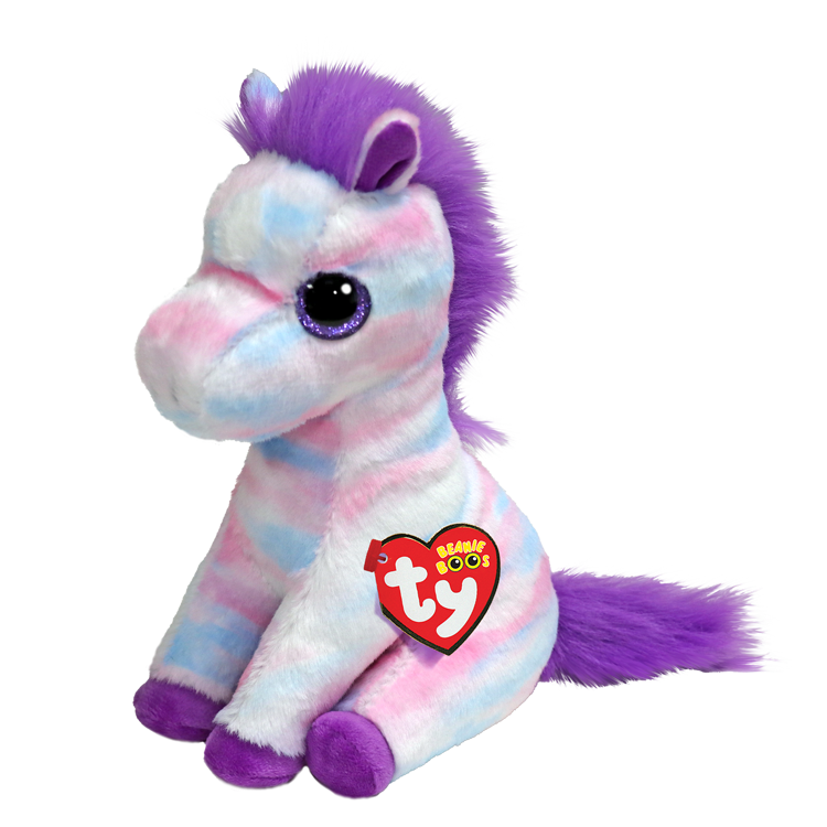 Plush multicolored pastel toy unicorn with purple mane, tail, and hooves, featuring a Ty Beanie Boos tag on a white background