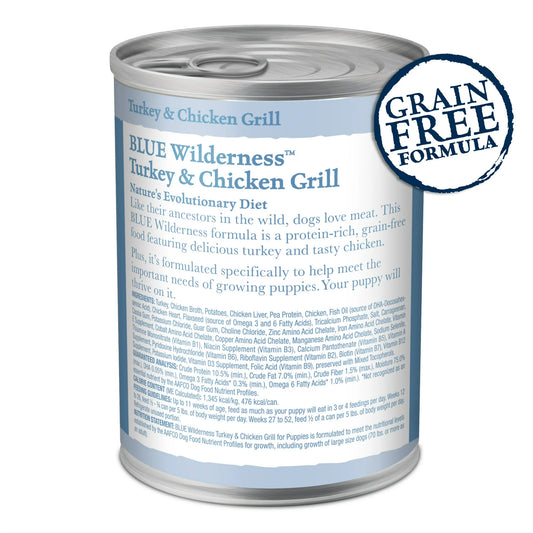 Can of Blue Wilderness Turkey & Chicken Grill dog food showing ingredient list on a white background