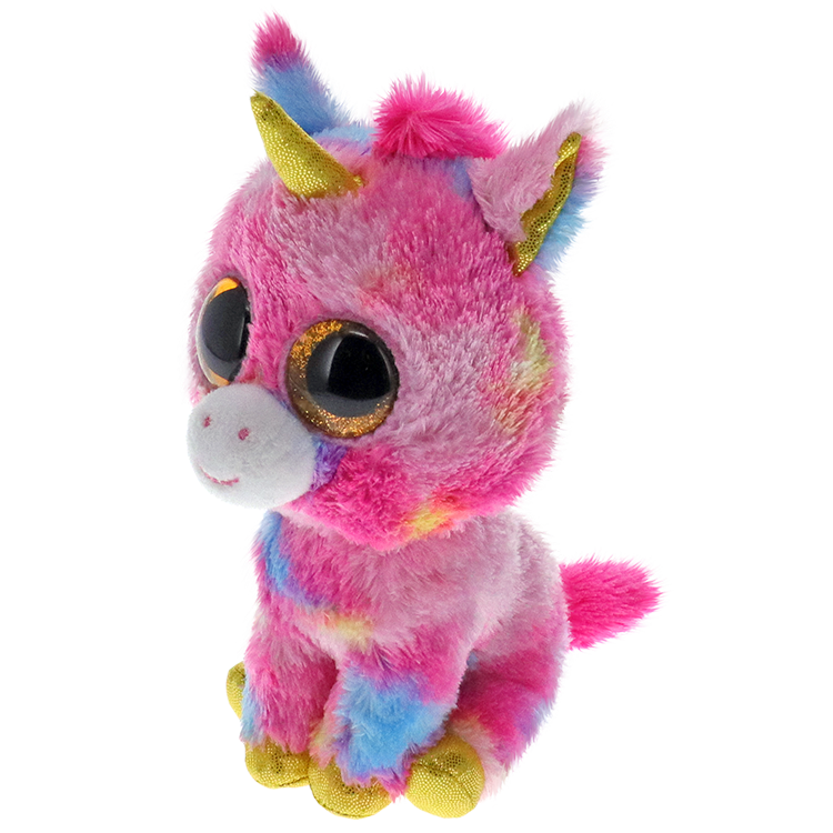 Side view of colorful unicorn Ty Beanie Boos plush toy with gold horn and hooves.