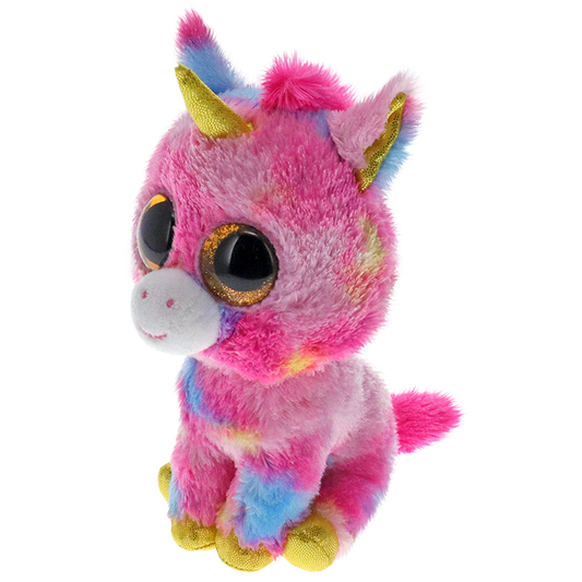 Side view of colorful unicorn Ty Beanie Boos plush toy with gold horn and hooves.