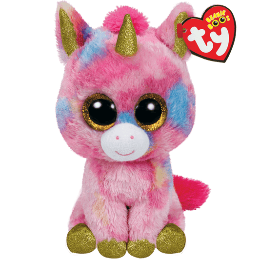Colorful unicorn plush toy with gold horn and hooves, featuring a Ty Beanie Boos tag.