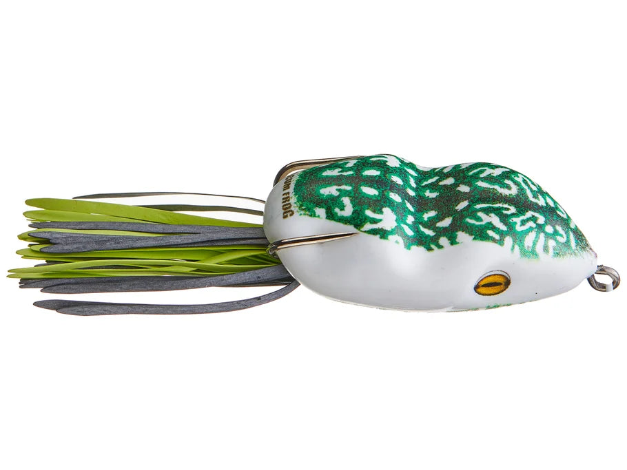 Fishing lure with green and gray details on a white background