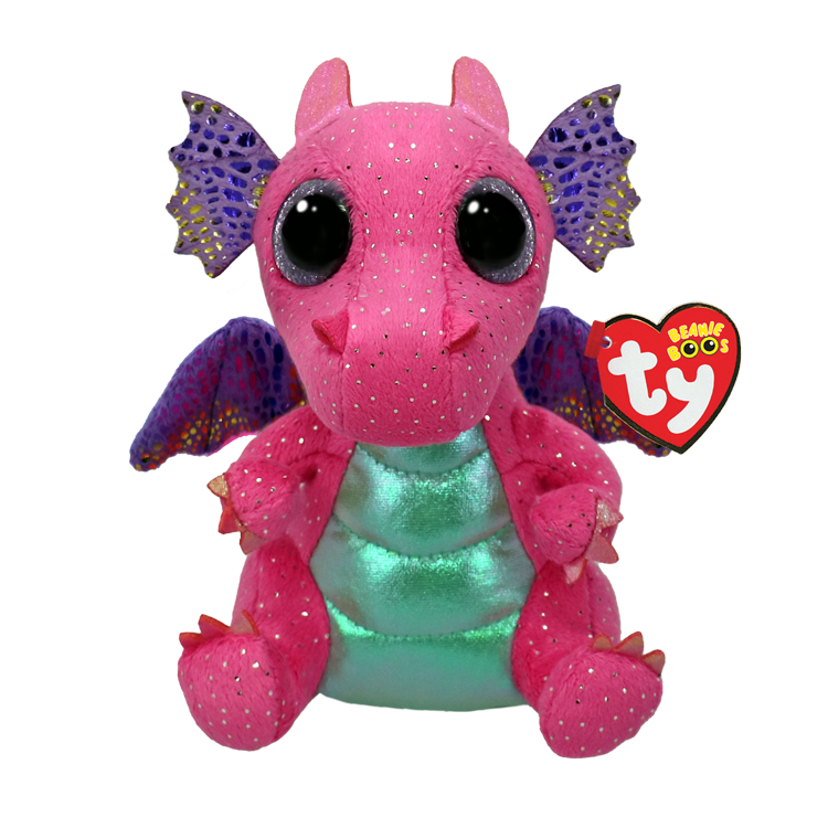 Pink dragon plushie that has a teal stomach and purple wings, with Ty Beanie Boos tag attached