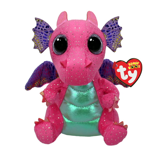 Pink dragon plushie that has a teal stomach and purple wings, with Ty Beanie Boos tag attached