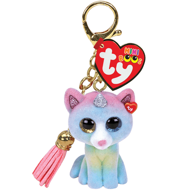 Ty brand keychain with a colorful cat-like plastic toy and tassel on a transparent background