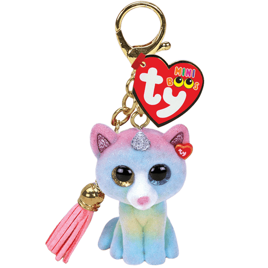 Ty brand keychain with a colorful cat-like plastic toy and tassel on a transparent background