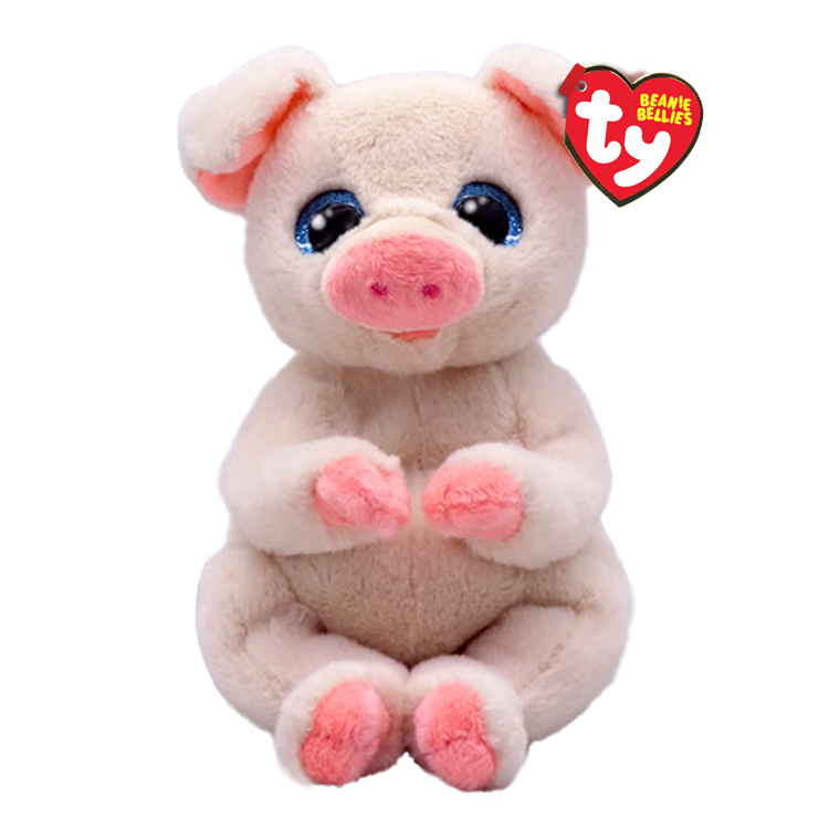 Plush pig toy with pink accents and Ty Beanie Bellies tag, on a white background