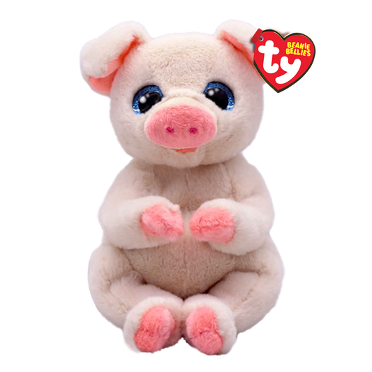 Plush pig toy with pink accents and Ty Beanie Bellies tag, on a white background