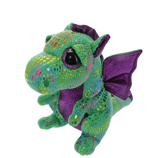 Side view green and purple dragon plush toy with colorful spots on a transparent background
