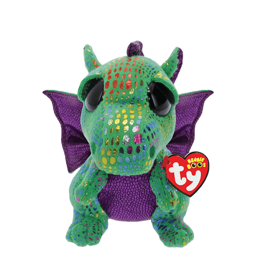 Green and purple dragon-shaped plush toy with a heart-shaped Ty Beanie Boos tag on a transparent background