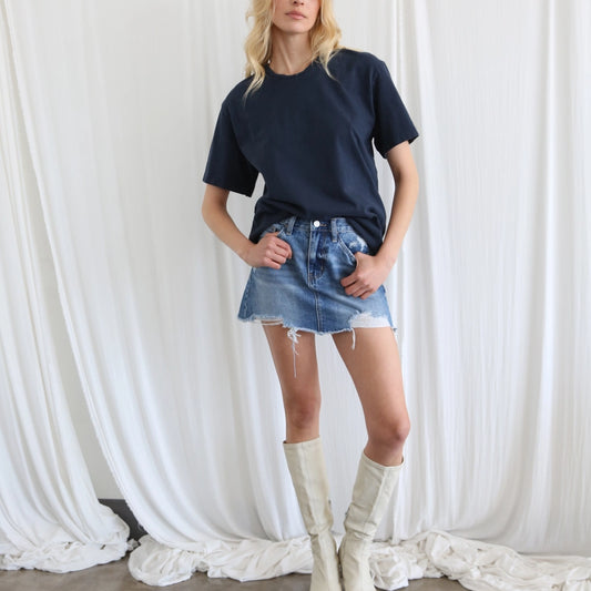 Bayeas A-Line Denim Mini Skirt with Frayed Hem