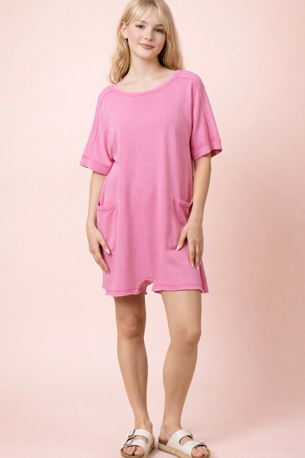 Mineral Washed Knit Casual Romper in Pink