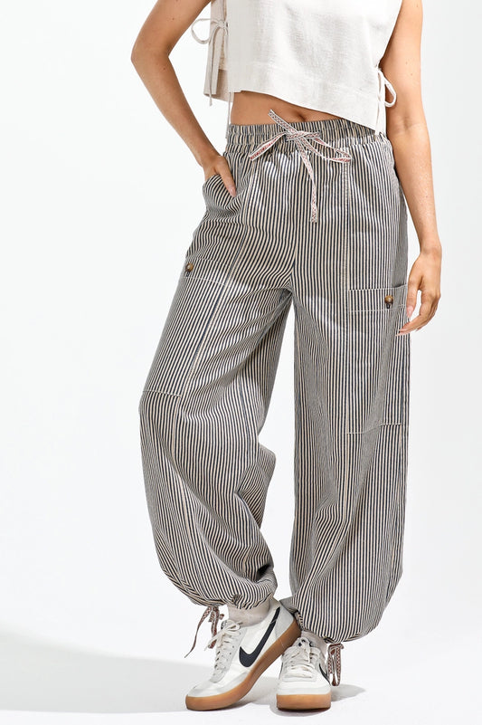 Elastic Waist Vintage Washed Stripe Pants in Latte