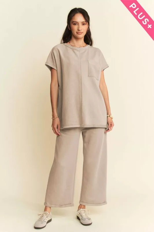 Davi & Dani Dark Beige Terry Mixed Top and Pants Set
