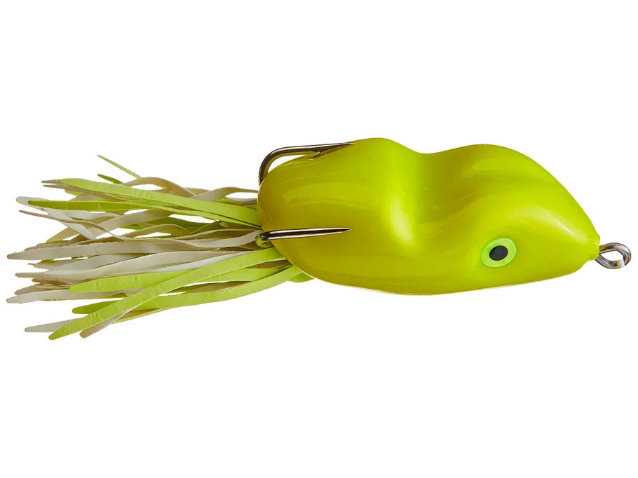 Yellow frog-shaped fishing lure on a white background