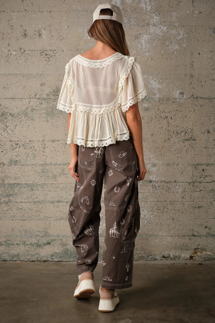 Western Print Cotton Cargo Pants in Chocolate