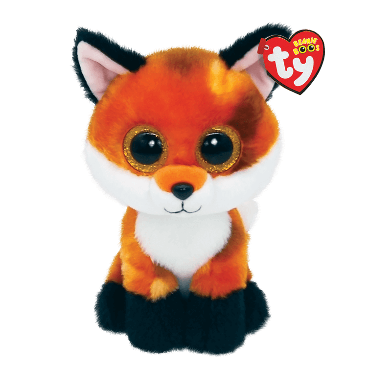 Plush orange fox toy with TY Beanie Boos tag on a white background