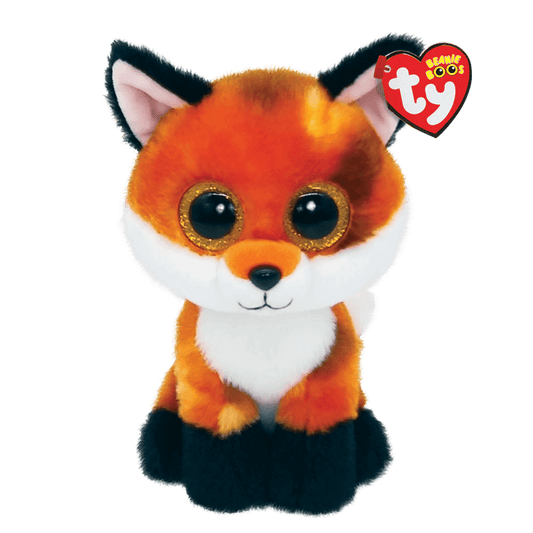 Plush orange fox toy with TY Beanie Boos tag on a white background