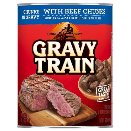 Can of Gravy Train with beef chunks in gravy dog food on a white background