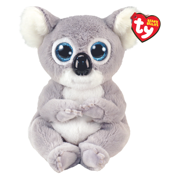 Plush toy koala with blue eyes and white paws, featuring the Ty Beanie Bellies tag.
