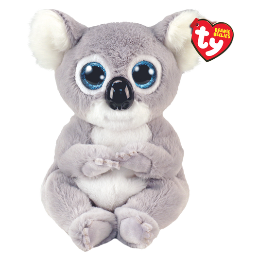Plush toy koala with blue eyes and white paws, featuring the Ty Beanie Bellies tag.