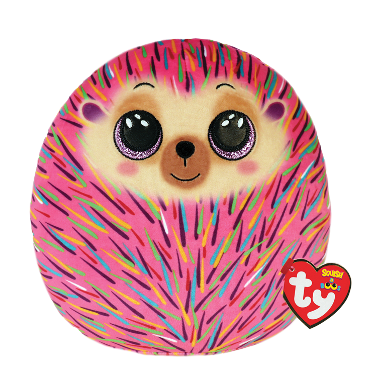 Colorful, round hedgehog-styled toy with a Ty Squish a Boos tag on a white background