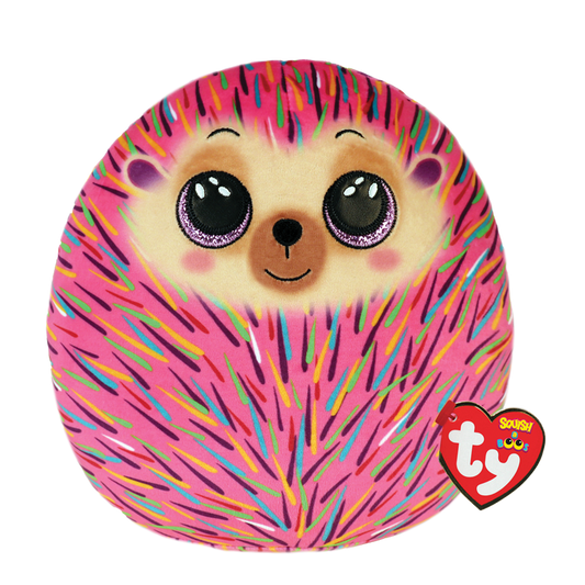 Colorful, round hedgehog-styled toy with a Ty Squish a Boos tag on a white background