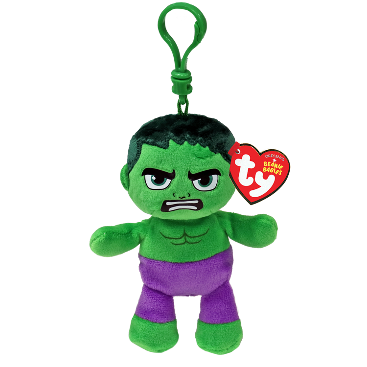 Green Hulk plush on green clip with Ty brand heart shaped tag.